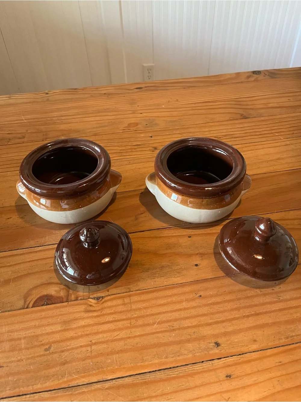 Vintage Brown and Cream Stoneware Casserole Bowls with Lids Set of 2